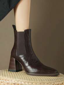 2024 Early Autumn New Square Toe Chunky Heel Fashionable High Heels Ankle Boots For Women, Autumn/Winter - Brown - View 4