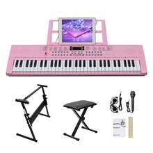 GEP-110 61 Key Lighting Keyboard With Piano Stand, Piano Bench, Built In Speakers, Headphone, Microphone, Music Rest, LED Screen, 3 Teaching Modes For Beginners,Piano,Piano Keyboard,Musical Instruments,Music,Gifts - Pink - View 1