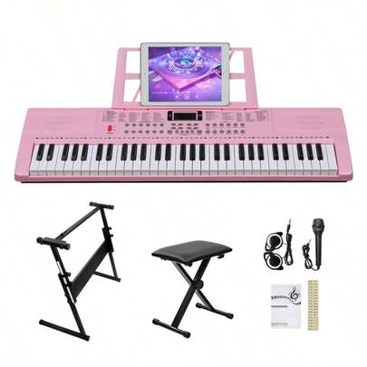GEP-110 61 Key Lighting Keyboard With Piano Stand, Piano Bench, Built In Speakers, Headphone, Microphone, Music Rest, LED Screen, 3 Teaching Modes For Beginners,Piano,Piano Keyboard,Musical Instruments,Music,Gifts