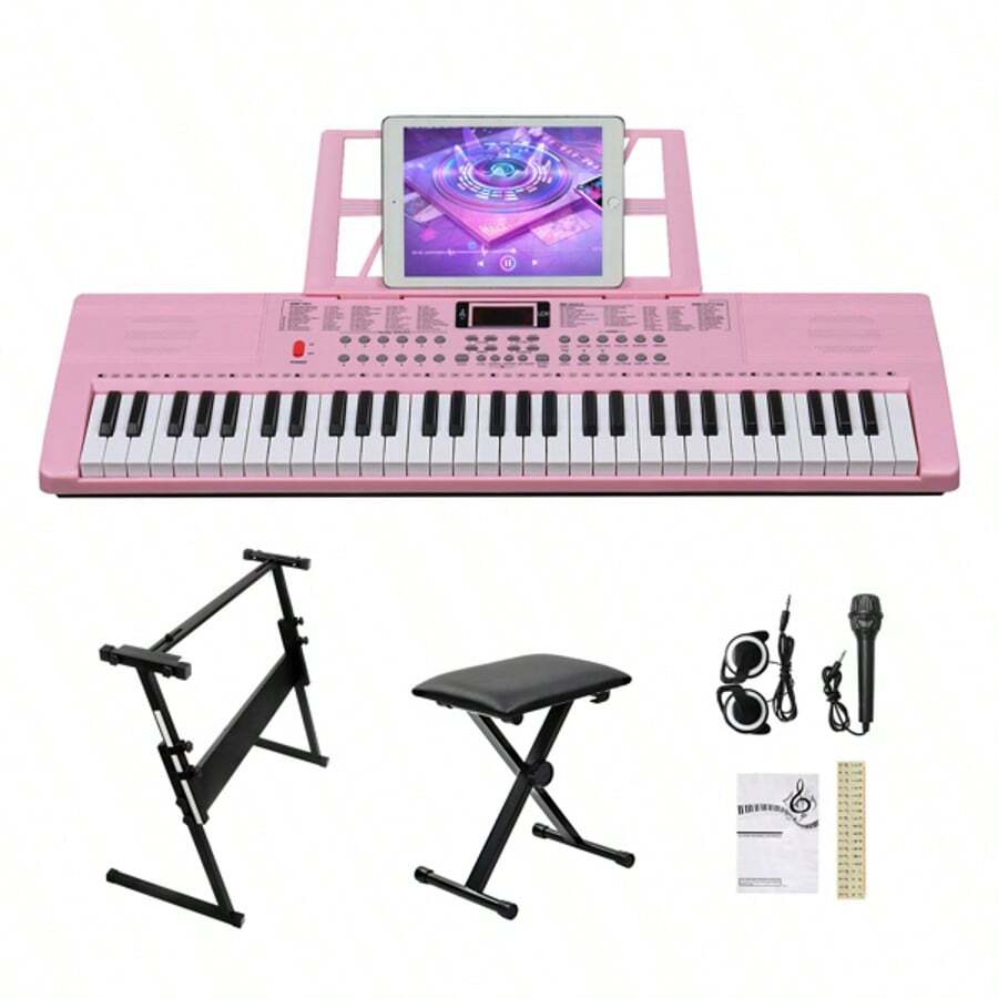 GEP-110 61 Key Lighting Keyboard With Piano Stand, Piano Bench, Built In Speakers, Headphone, Microphone, Music Rest, LED Screen, 3 Teaching Modes For Beginners,Piano,Piano Keyboard,Musical Instruments,Music,Gifts - Pink - View 1