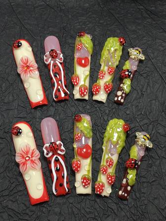 This Is A 10-Piece Set Of Handcrafted Coffin-Shaped Press-On Nails-A Whimsical Pastoral-Style 3D Carved Nail Art Collection. The Base Color Palette Consists Of And Light Pink, Paired With Vibrant Shades Like Red And Green. It Incorporates Pastoral Elements Such As Ladybugs, Strawberries, Flowers, And Bees