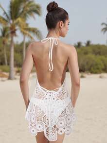 Women's Knitted Camisole Cover Sleeveless Backless Transparent Floral Lace Short Skirt Summer Bikini Cover - trắng - Xem 3