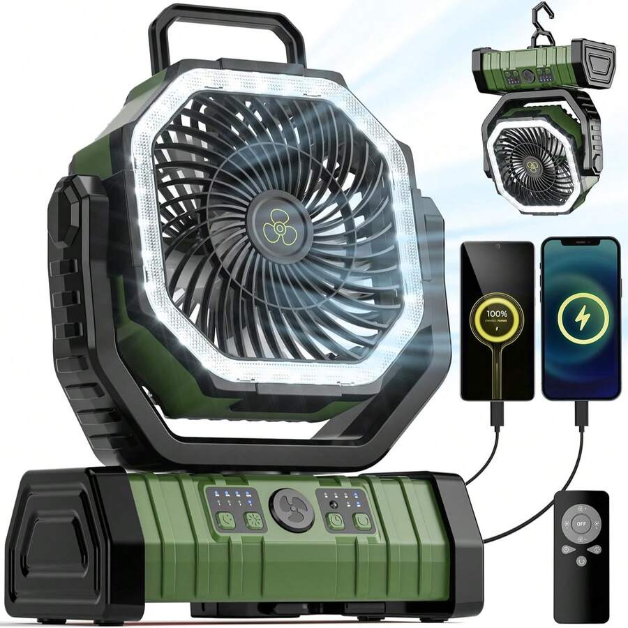 Ventilador portátil de camping con luz y control remoto, doble gancho, de plástico, recargable a batería, silencioso, USB, para escritorio, tienda de campaña, viajes, autocaravana, 20000 mA - Verde militar - Ver 1