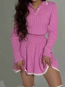 2 piezas Conjunto de suéter y falda de punto grueso elegante para mujer, con detalles acanalados y cuello polo, look de moda, otoño/invierno