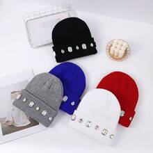 1pcs Niche Rhinestone Knitted Beanie - Multiple Colors Available, Autumn Winter Warm/Street Style Accessory, Eye-Catching Personality Headwear - màu đen - Xem 6