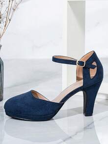 Wide Fit Strap Buckle Thick Heel High Heels, Solid Color Commuting Versatile Professional Party Formal Elegant Pumps - Blue - View 5