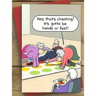 1pc Cheesy Saggy Chest Greeting Card With Envelope - Funny "Hey That's Cheating! It's Gotta Be Hands Or Feet!" Humorous Twist For Board Game Nights, Family Parties & Holiday Gifts - High-Quality Paper Card With Wiggly-Eye Elderly Design - Perfect For Adults & Seniors