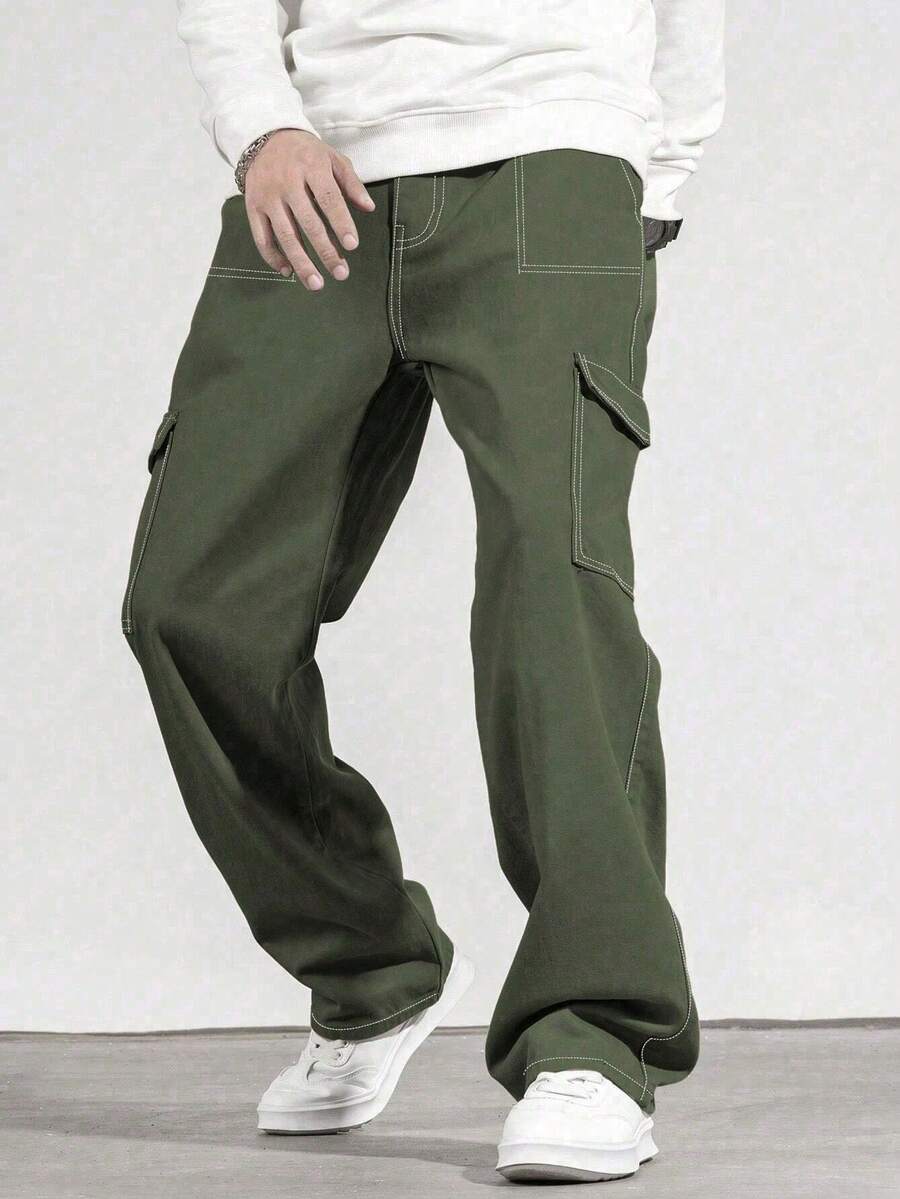 1pc Teen Boy Vintage Casual Minimalist Denim Effect Pockets Cargo Pants, Spring/Summer/Autumn/Winter