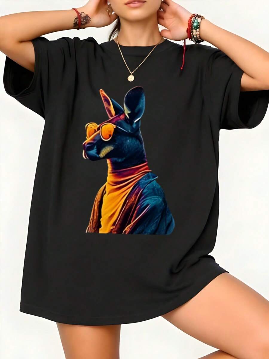 Stylish  With Sunglasses Graphic Oversized Tee,Print Round Neck Short Sleeve Pure Cotton Tops Casual Versatile T-Shirt For Women,220 Grams Heavyweight Cotton Printed T-Shirt,Summer Outfit - Black - View 1