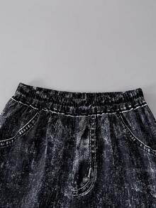 2pcs/Set Teen Girl Black Letter Print T-Shirt And Heart Print Wide Leg Jeans Pants - Black - View 5