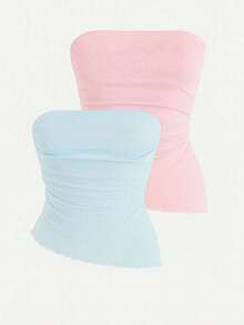 Set Of 2 Strapless Cropped Tops In Stretchy Fabric With Side Draping, Strapless Design, And Wavy Hem, Offering Style And Comfort. - 藍色和粉紅色 - 查看 3