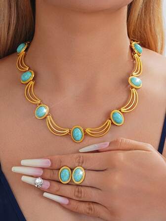 Vintage Style Faux Turquoise Necklace And Earrings Set, Suitable For Daily Commute, Engagement, Wedding, Banquet, Party, Valentine's Day, Mother's Day Gift