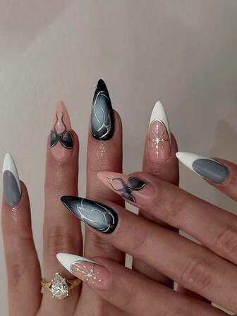 24 piezas de uñas postizas de forma de almendra larga, estilo francés blanco, Y2K, negro oscuro, sexy, con lazo, incluye 1 pieza de esmalte de gel y 1 lima de uñas, adecuado para decoración de uñas de mujer, uñas negras, uñas postizas