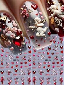 2张5D情人节红色浮雕美甲贴纸，自粘式，包含玫瑰、爱心、水钻、天使、花朵、藤蔓等爱情图案，美甲装饰配件，美甲用品 - 彩色 - 查看 2