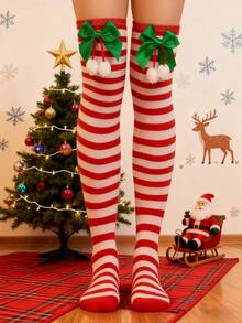 1双女士蝴蝶结、绒球、条纹过膝圣诞袜 - 紅色 - 查看 7