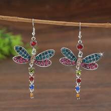 1 Pair Vintage Rhinestone Dragonfly Patchwork Earrings, Suitable For Daily Wear - Multicolor - View 10
