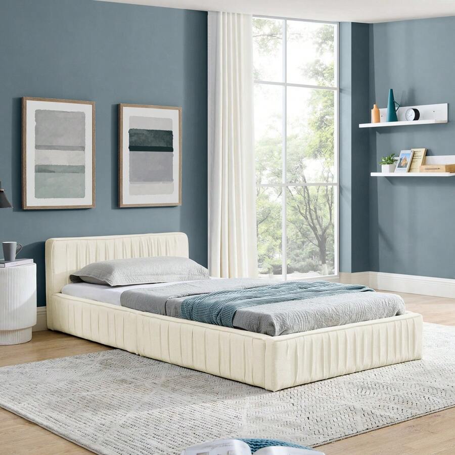 Double Bed 140*200cm, With Soft Chenille Velvet Cover, Made Of -Eucalyptus Wood And Stable Iron Frame, Easy To Assemble, Dark Grey (Mattress Not Included) - Beige + Chenille + 90*200cm - View 1