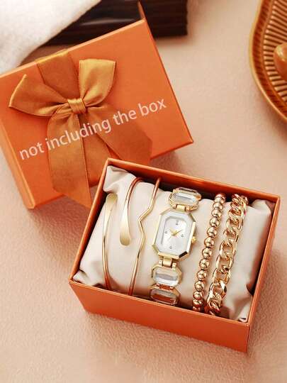 5件套女士复古奢华腕表手链套装，时尚金属多件套配饰，绿色/金色/黑色可选，日常佩戴，魅力十足。适合日常搭配，是生日、女士礼物、周年纪念日、黑色五大促销、年末促销、网络星期一及其他节日的理想礼物之选。不含礼盒。