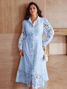 Simplee Plus Size Women's Elegant Lace Patchwork Front Button Long Dress, Suitable For Party And Vacation Wear, Spring/Summer - Blue - View 5