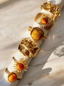 18/12/6件套复古波西米亚风奢华不对称仿虎眼石戒指套装，简约设计，百搭，适合作为节日、周年纪念日、生日礼物送给女性。 - 金黃色 - 查看 3