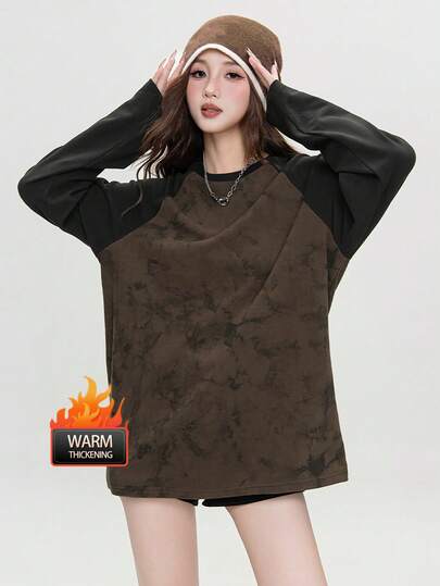 2-Sided Fleece Tie Dye Patchwork T-Shirt, Casual Loose Fit Crew Neck Thick Pullover For Women, Winter 2025