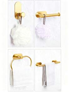 4pcs/set Estantes adhesivos para toallas para pared de baño, soporte para toallas para cocina, baño y lavandería de acero inoxidable, anillo para toallas de mano, soporte para paños de cocina sin taladrar, colgadores de toallas de gran resistencia, barra para toallas de mano/rostro, ganchos, organizadores de almacenamiento de baño, accesorios de ferretería - Dorado - Ver 2