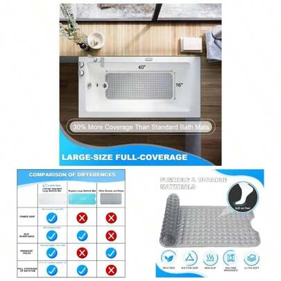 Bathtub And Shower Mats, 40x16 Inch Large Non Slip Soft Bath Tub With Suction Cups And Drain Holes Bathroom Floor And Keep Tubs Clean, Washable, Black