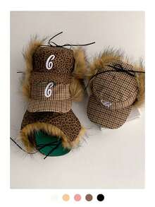 Flat Top British Retro Faux Fur Baseball Cap, Letter Embroidery, Warm Fleece Ear Protection Hat, Foldable Plaid & Leopard Print Big Letter Baseball Cap, Fashionable Street Style Ear Warmer Snapback Cap - Multicolor - View 8