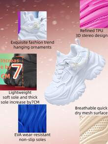 女士7厘米增高休闲运动鞋，配有可拆卸优雅蝴蝶结珍珠链装饰，户外四季EVA厚底系带白色高跟运动鞋，轻便柔软减震防滑夏季透气速干网面凉鞋，圆头休闲系带白色大码鞋，适合大学生、青少年、日常穿着、约会、健身、办公等场合，时尚厚底运动鞋 - 白色 - 查看 5