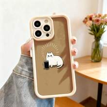 Funda para telefono con borde negro y parte trasera marron claro con estampado de gato blanco y taza de cafe ideal para uso diario en oficina o casa - Negro - Ver 3