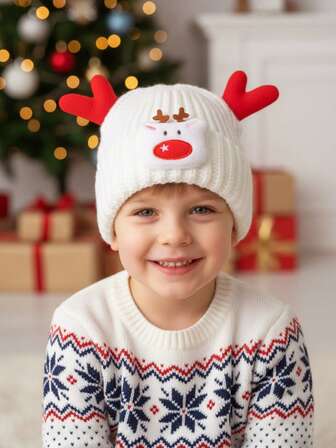 1pc Unisex Kids White Deer Head & Red Antlers Christmas Hat, Knitted Christmas Gift Hat, Children Knitted Beanie, Cute & Warm For Autumn/Winter