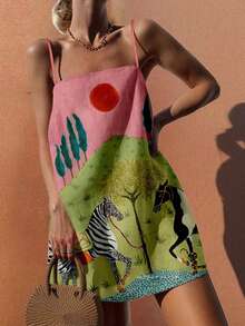 Sea Starshine Summer Fashion Casual Vacation Beach Women's Zebra Grove Sun Printed Halter Short Dresses Brunch Outfits For Women