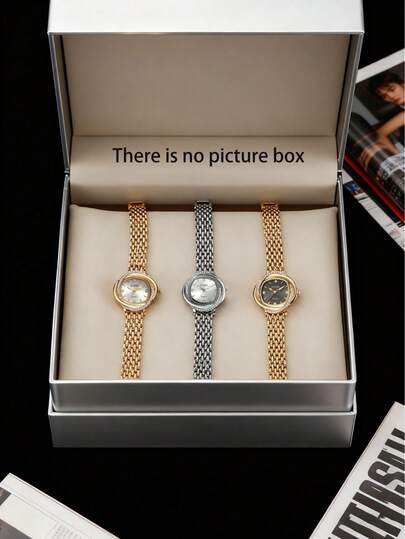 3件套女士轻奢镶钻手表，金属链小表盘时尚套装，优雅日常穿搭礼品，适合日常通勤和轻度社交场合，光棍节、万圣节等节日送礼佳品（不含礼盒）