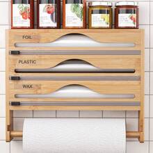1pc Bamboo Plastic Wrap Dispenser, 3-Tier Aluminum Foil Dispenser With Paper Towel Holder Foil And Plastic Wrap Organizer, Suitable For Kitchen