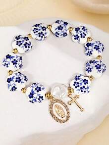 Juego de 3 piezas de pulsera de cerámica hermosa y delicada, con cuentas doradas e imitación de perla barroca con colgante de lazo, hermoso regalo / joyería de pulsera / regalo cristiano