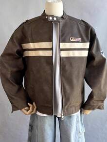American Retro Embroidered Striped Stand Up Collar Leather Jacket, Versatile For Men And Women In Spring And Autumn, Loose Casual Jacket - 棕色 - 查看 1