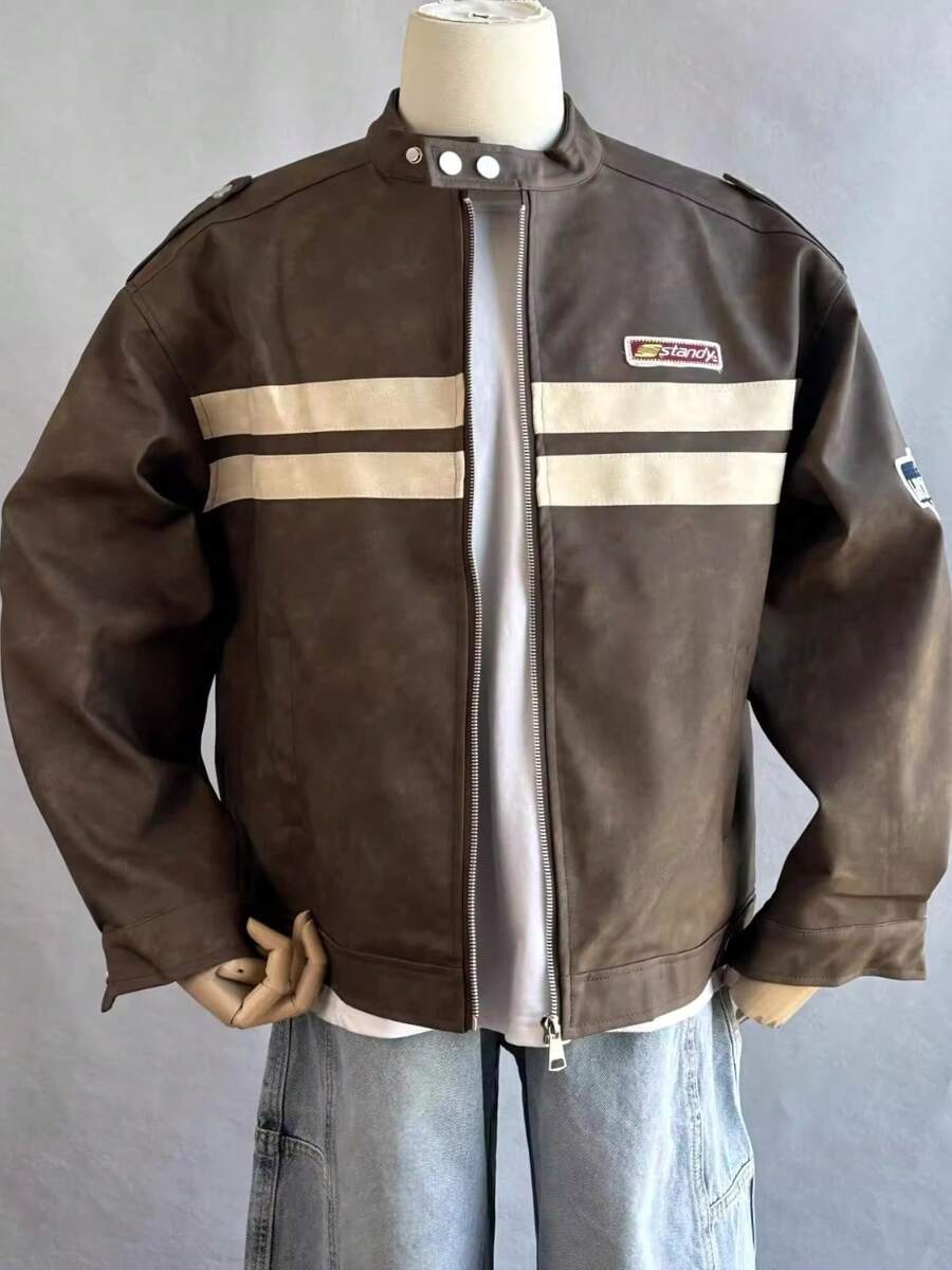 American Retro Embroidered Striped Stand Up Collar Leather Jacket, Versatile For Men And Women In Spring And Autumn, Loose Casual Jacket - 棕色 - 查看 1