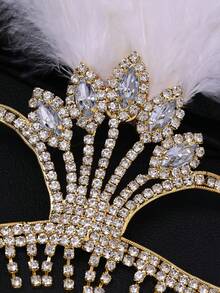 银色羽毛水钻流苏面具，奢华水晶面部装饰，女士化装舞会面具 - 金白 - 查看 5