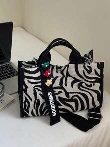 Fashionable Versatile Fabric Bag, Commuter Zebra Print Handbag - Black and White - View 9