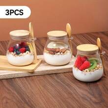 11.96盎司玻璃杯，隔夜燕麦杯套装（1/2/3/4件套），沙拉碗，燕麦罐，带盖和勺子的备餐容器，玻璃罐，芝麻，布丁，酸奶 - 彩色 - 查看 3