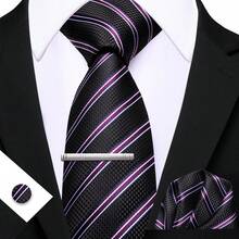 4pcs Men's Business Tie Dark Grey Black Plaid Checks Geometric Floral Jacquard Ties Formal Fashion Necktie Hanky Square Clip Set Wedding Party Gift - Multicolor - View 11