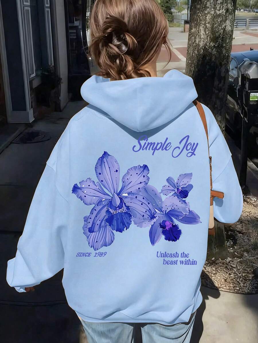 1PC Teen Girl Fresh & Sweet Flower Print Sweatshirt, Soft & Comfortable, Spring & Autumn Daily Casual Wear - Blue - View 1