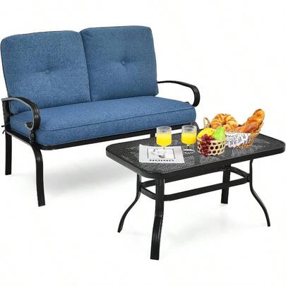 Costway 2 Pieces Outdoor Conversation Set Patio Loveseat With Coffee Table And Soft Cushions Rustproof Frame With Ergonomic Backrest And Armrest Suitable For Patio Balcony Poolside Blue