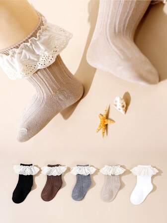 5双儿童蕾丝边袜子，西班牙风格女童袜，甜美优雅舞蹈袜，婴儿袜