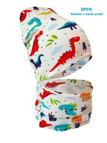 2PCS/Set Baby Beanie Hat And Scarf Set,Cartoon Dinosaur Christmas Tree Warm Cap And Neck Mufflers For 9 Months To 3 Years Old Toddler Boys And Girls Put On Autumn Winter Spring