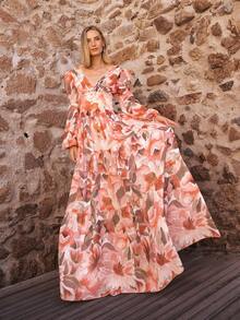 Faeriesty Printing Elegant Maxi Floral Chiffon Evening Gown With Deep V Neckline, Lantern Sleeves & Multi-Layered Cake Skirt – Floral Print In Soft Tones, Lace Trims On Cuffs & Waist, Perfect For Bridal Showers, Garden Receptions & Romantic Date Nights - Coral Orange - View 3