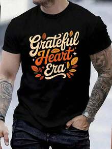 100% Cotton Grateful Heart Era Autumn Thankful Thanksgiving T-Shirt Street Hip-Hop Style Men's T-Shirt - Black - View 6