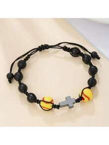 Cross Sports Woven Bracelet Matte Black Stone Beaded Basketball Football Volleyball Bracelet - D0379-1 - View 2