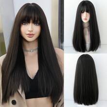7JHH WIGS Elegant 22 Inch Long Straight Dark Brown Black Wigs For Women, Fluffy Synthetic Wig With Bangs, Natural Looking Very Soft Full Machine Synthetic Heat Resistant Fiber Hair Wig For Girls Daily Wear Music Festival Party , Cosplay Anime Or Costume Use, Straight Wigs Accessories - Black Brown - View 12
