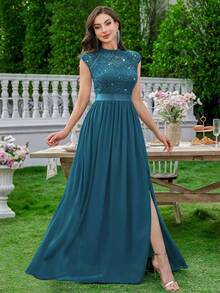 MIUSOL Elegant Women's Mock Neck Sequin Floral Lace Bodice Cap Sleeve A-Line Chiffon Maxi Dress With Side Slit, For Wedding Guest, Prom Or Formal Evening Party - 水鴨藍 - 查看 2